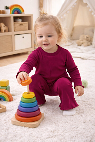 OMY 1-2-3-4 Years Old Flared Girls Basic K Ribbed Knit 2-Piece Set