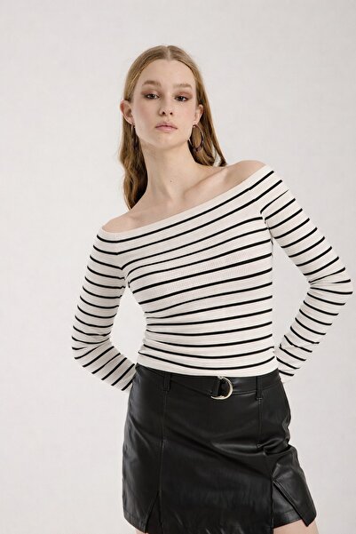 Kallisto Ecru Striped Boot Neckline Waist Draped Long Sleeve Cotton Blouse