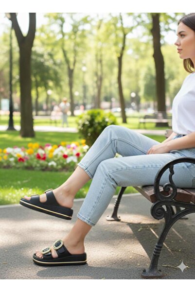 mersin md tekstil Women's Stylish Double Buckle Stone-Studded Daily Eva Slippers