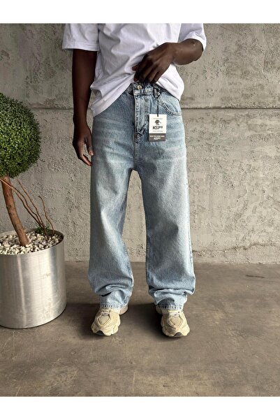 KağanKY Blugi largi relaxați, albastru gheață, cu aspect uzat