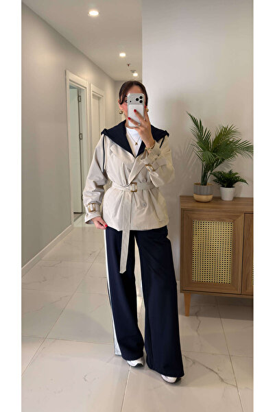 BİRCANÇİL Rubert Beige Navy Blue Premium Trench Detailed Belted Suit