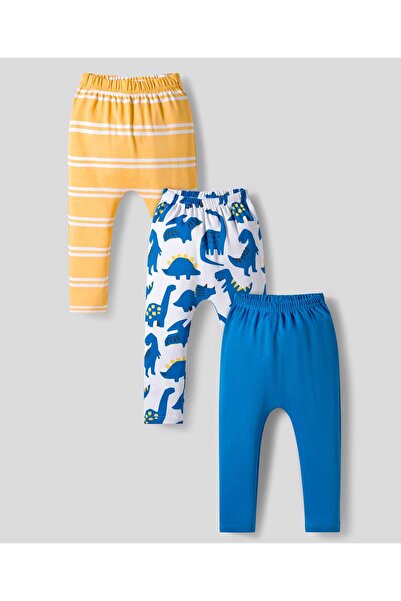 Bonfino 100% Cotton Striped and Dino Printed Diaper Leggings (Pack of 3) - Ye...