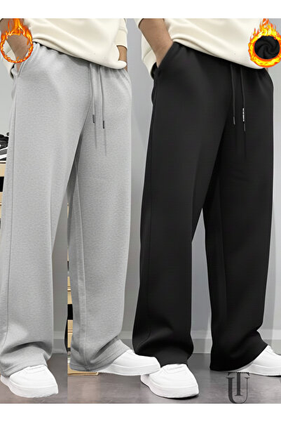 CAONNES Erkek Oversize 2 Adet Kışlık İçi Pamuklu Siyah ve Gri Bol Kesim Bağcı...