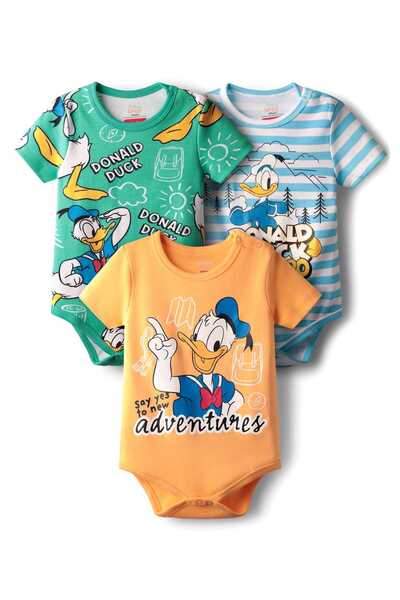 Babyhug Disney 100% Cotton Knit Onesies With Donald Duck Print, Pack of 3 - G...