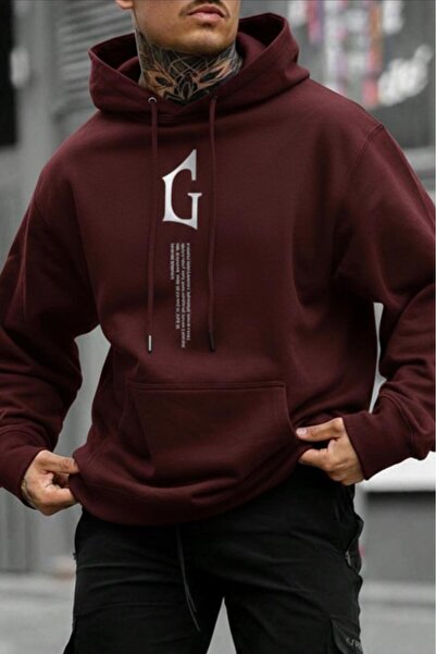 NO 601 Men's Burgundy g Vertical Printed Hooded Winter Sweatshirt