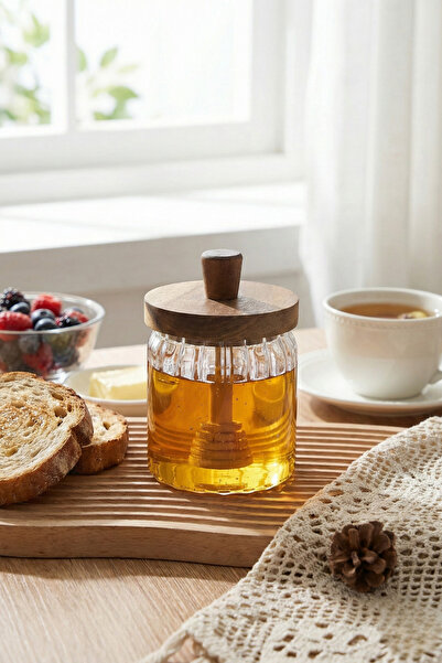 Poomy Bamboo Lid Borosilicate Glass Honey Jar 450 ml Honey Jar with Spoon