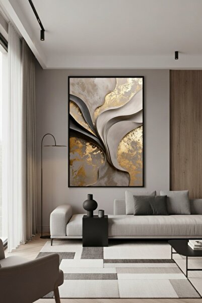 hollywest Altın Varak Detaylı Soyut Akış Formlu | Modern Çerçeveli Tablo