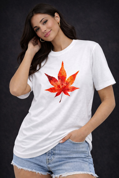 Me&On WEAR Unisex Red Leaf Patterned Printed Oversized Premium Cotton T-Shirt