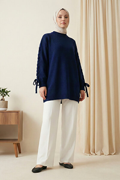 MODAQU Knitted Detailed Knitwear Tunic with Sleeve Detail - Navy Blue