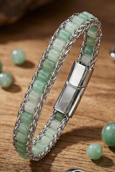 OSMANLI GÜMÜŞ Erkek Kadın Yeşil Aventurin Taşlı Hasır Örgü Çelik Kordon Doğal...