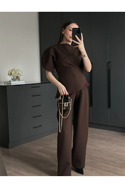 My Blog Braunes asymmetrisches Blusen-Hosen-Set mit Ballonärmeln - 25194