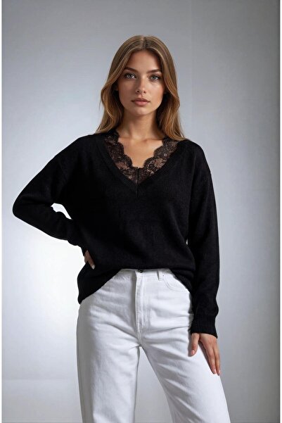 Madmext Black V-Neck Lace Long Sleeve T-Shirt Mg2677
