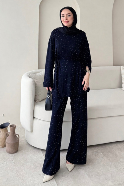 Tesettür Diyarı Sapphire Stone Detailed Side Gathered Hijab Set - Navy Blue