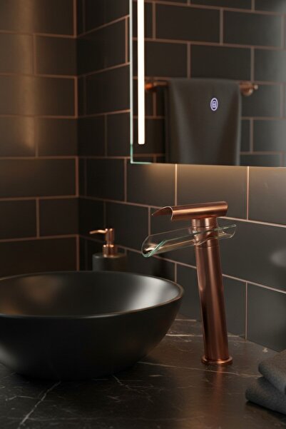 EMFA AKSESUAR Bakır Cam Şelale Çanak Lavabo Bataryası - Şelale Akış Bakır Lav...