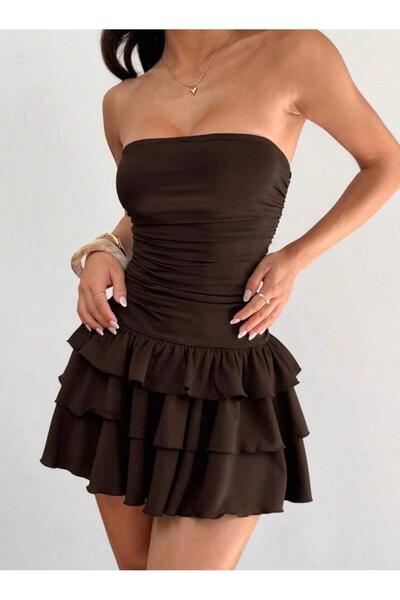 MEGOMEL Women's Strapless Sleeveless Layered Skirt Detailed Design Mini Dress