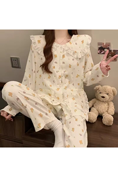 delis Women's pajamas with high collar, two-piece, PJ014, Beige