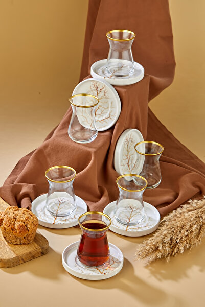 ers erbaşlar Ihlamur Gold Decorated 12 Piece Tea Cups for 6 People, Tea Set