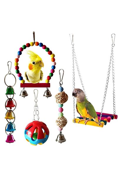 Arabest 5 قطع من ألعاب تأرجح الطيور، ألعاب مضغ معلقة، خشبية ملونة