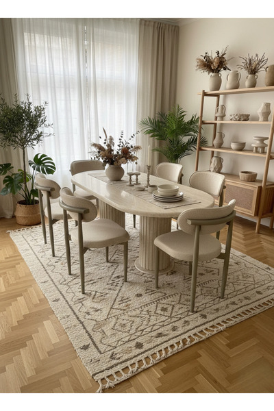 JoyMassa AURA BOHEM MASA TAKIMI 90X170 MDF TRAVERTEN MASA VE 6 ADET POLO SAND...