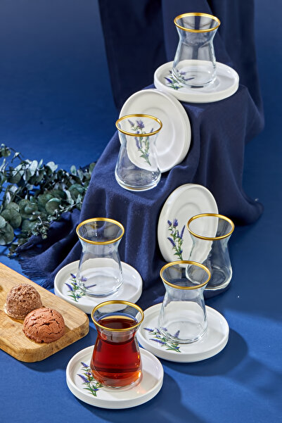 ers erbaşlar Lavender Floral Gold Decorated 12 Piece Tea Cups for 6 People, T...