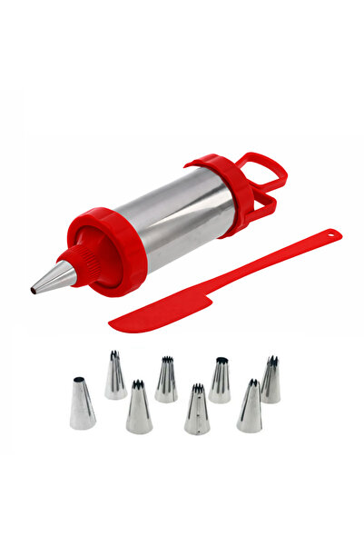 wei inox Seringa pentru ornat, 9 capete, spatula inclusa, inox+plastic, rosu,...