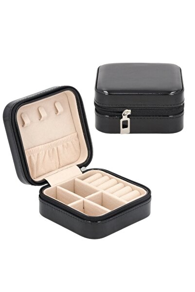 wei inox Travel jewelry box, with zipper, eco-leather, black, 10x10x5 cm