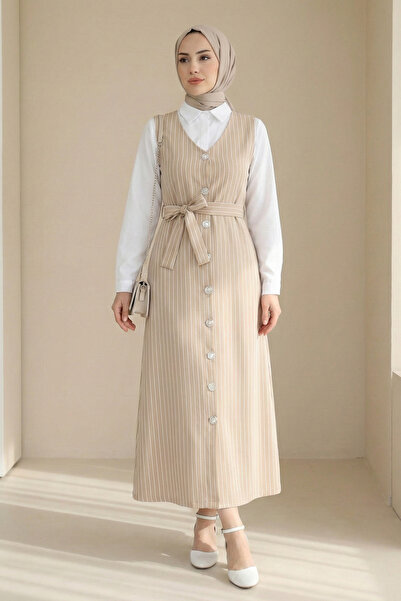 Kirazgym Women's Buttoned Belted Striped Hijab Gilet - Beige