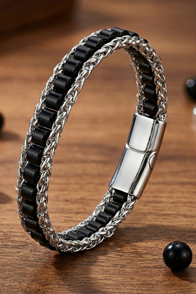 OSMANLI GÜMÜŞ Erkek Kadın Oniks Taşlı Hasır Örgü Çelik Kordon Doğal Taş Bileklik