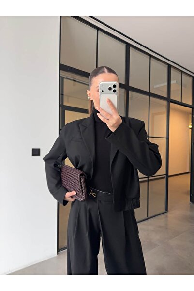 BB Bensu Buyruk Gold Accessoried Palazzo Crop Jacket Suit Black