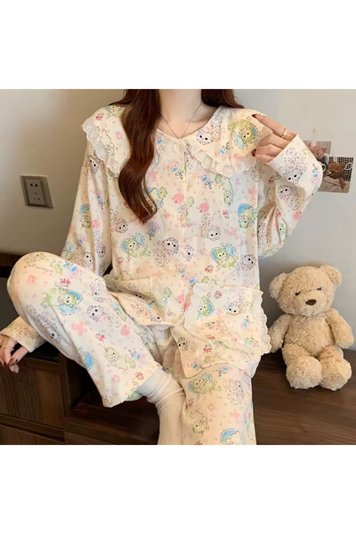 delis Women's pajamas with a high collar, two-piece, PJ013, Beige