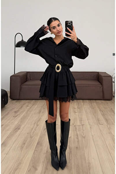 SHILSEE BEUTİQUE Women's Shirt Collar Lace Detail Gold Belted Mini Dress Black