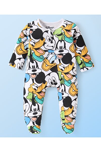 Babyhug Disney Sleep Suit with Mickey Mouse Prints - White