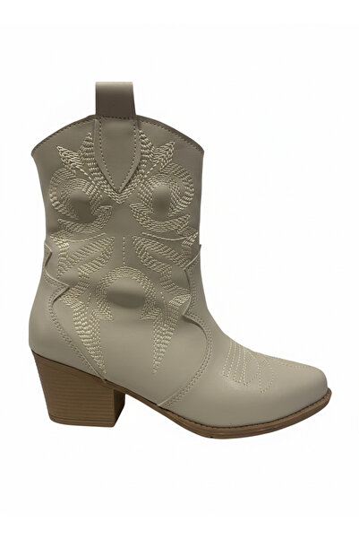 iskarpino Women's Heeled Beige Embroidered Cowboy Boots