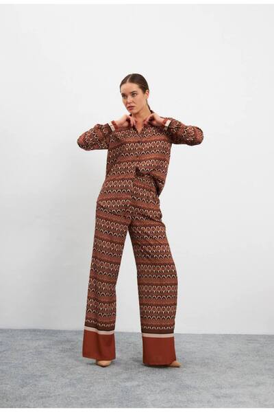 codemark Women's Patterned Buttoned Shirt Collar Pants Set