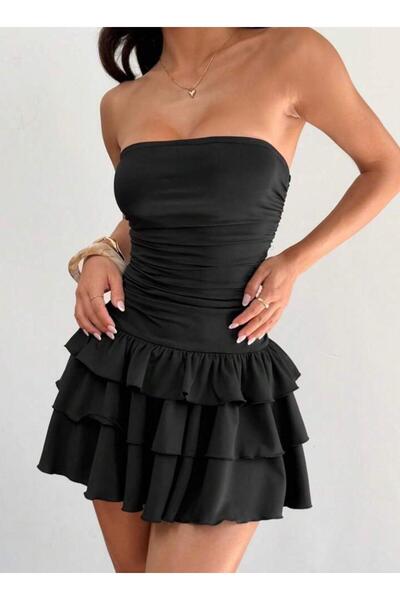 MEGOMEL Women's Strapless Sleeveless Layered Skirt Detailed Design Mini Dress