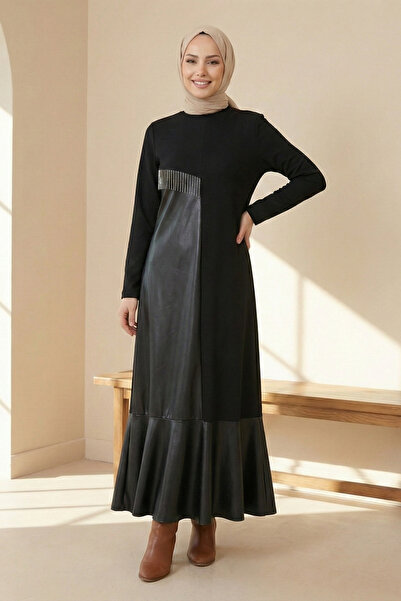 Kirazgym Women's Leather Detailed Hijab Dress with Chain Accessories