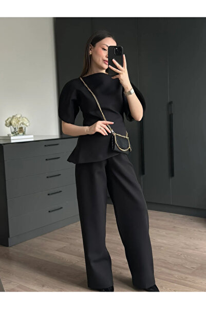 My Blog Black Balloon Sleeve Asymmetrical Blouse Trouser Set - 25194