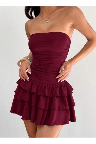 MEGOMEL Women's Strapless Sleeveless Layered Skirt Detailed Design Mini Dress