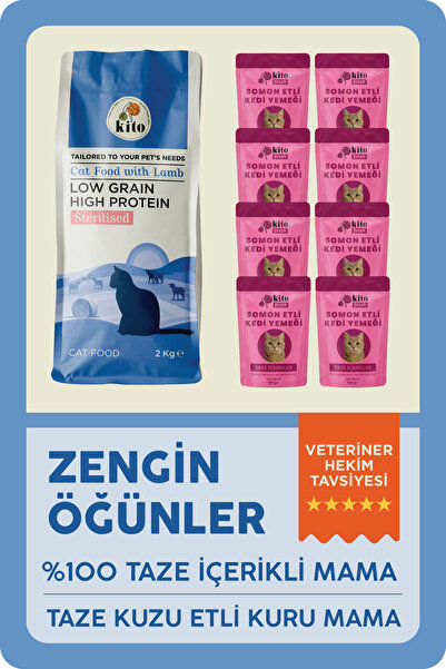kito Kuzu Etli Kısır Kedi Maması 2 Kg + 8 Adet Fresh Somon Etli %100 Taze İçe...