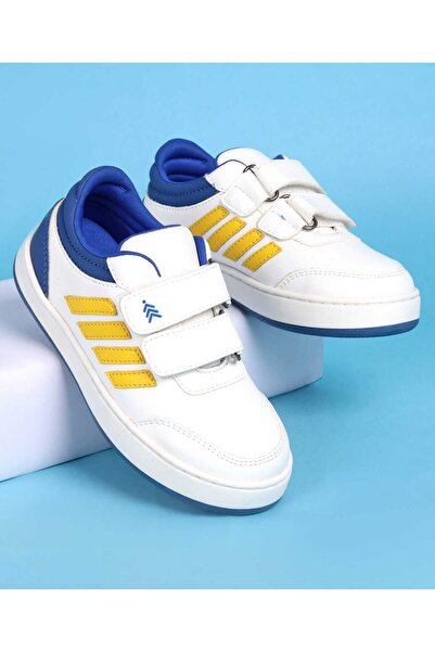 Pine kids Four Stripes Detailed Velcro Closure Casual Shoes - White/Blue/Yellow