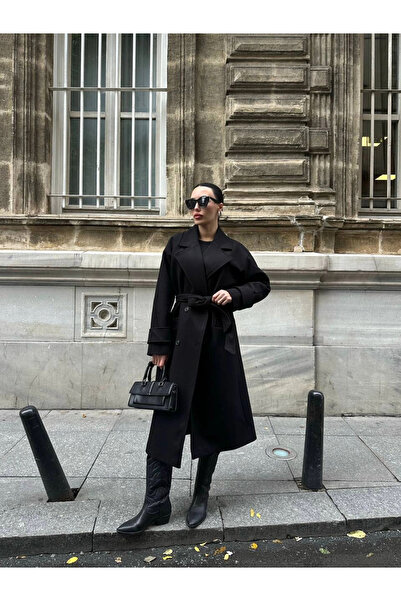 Myra Black Belted Cashmere Wool Coat