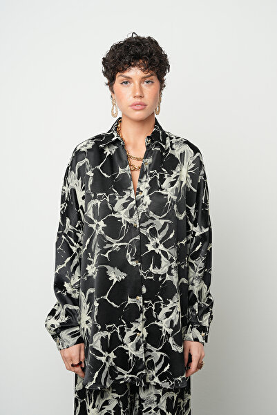 Orfeo Negro Cămașă neagră supradimensionat cu model abstract monocrom pentru ...