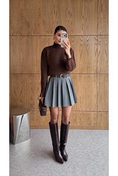 HAZELANNA Kemerli Gri Şort Etek