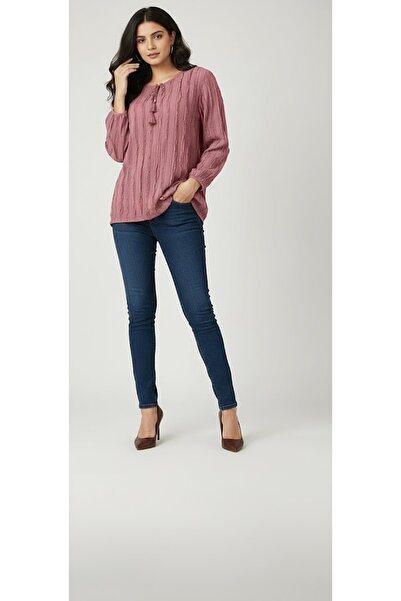THEBEK Tie-Down Collar Fır Fır Fabric Long Sleeve Women's Blouse