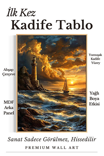 ARTAN GALLERY İtalyan Kadife Deniz Feneri ve Yelkenli Duvar Tablosu | Yağlı B...