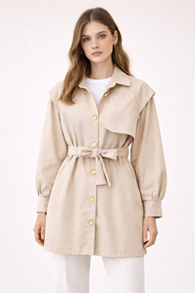 Kirazgym Belted Trench Coat with Brooch Buttons - Beige