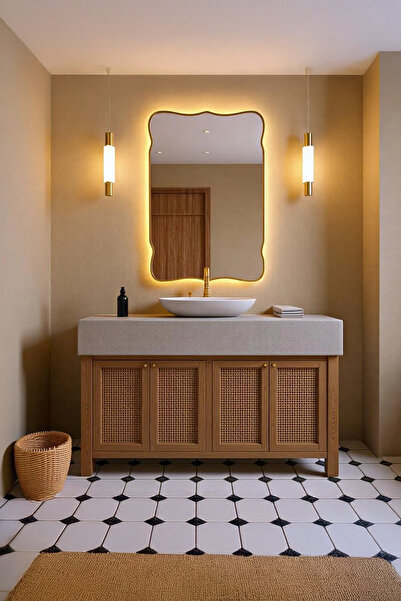 Fawdecor Ahşap Çerçeveli LED Işıklı Estetik Banyo Aynası ve Dekoratif Duvar A...