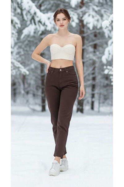 NWC High Waist Stretch Fabric Women's Brown Mom Jeans Denim Jeans Trousers
