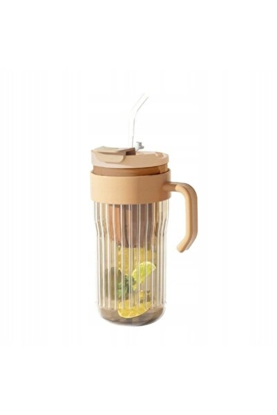wei inox Mug with lid and straw, glass+plastic+silicone, brown, 580 ml