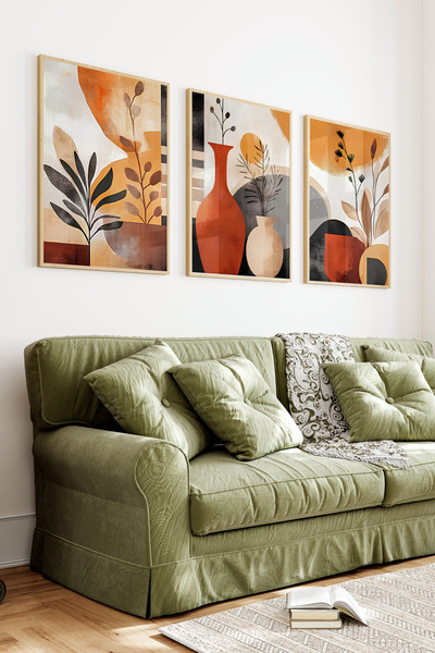 kutuTR Ahşap Çerçeveli 2D UV Baskı 3'lü Tablo set–Turuncu Vazo Ve Minimal Yap...